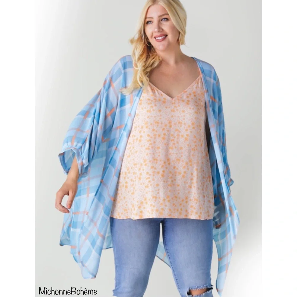 Davi & Dani Light Blue & Orange Plaid Print Kimono Cardigan - Picture 6 of 11